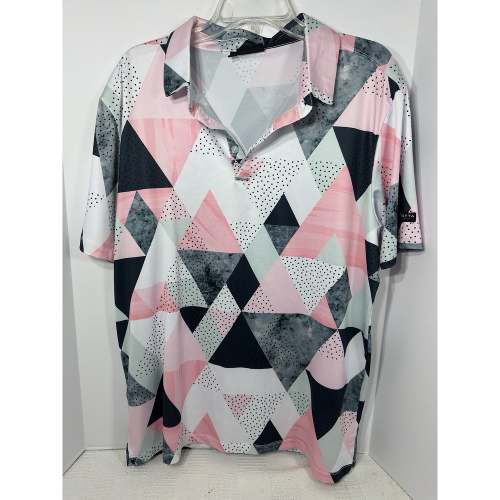 Yatta Golf Mens‎ L Polo Shirt Birdie Dropper Pink Black White Triangles Stretch
